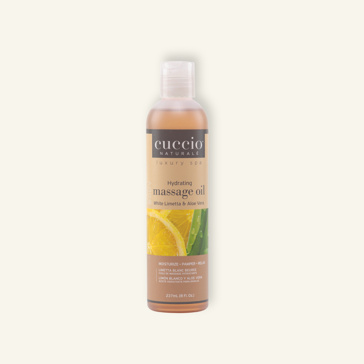CUCCIO Massage Oil White Limetta and Aloe Vera front bottle image