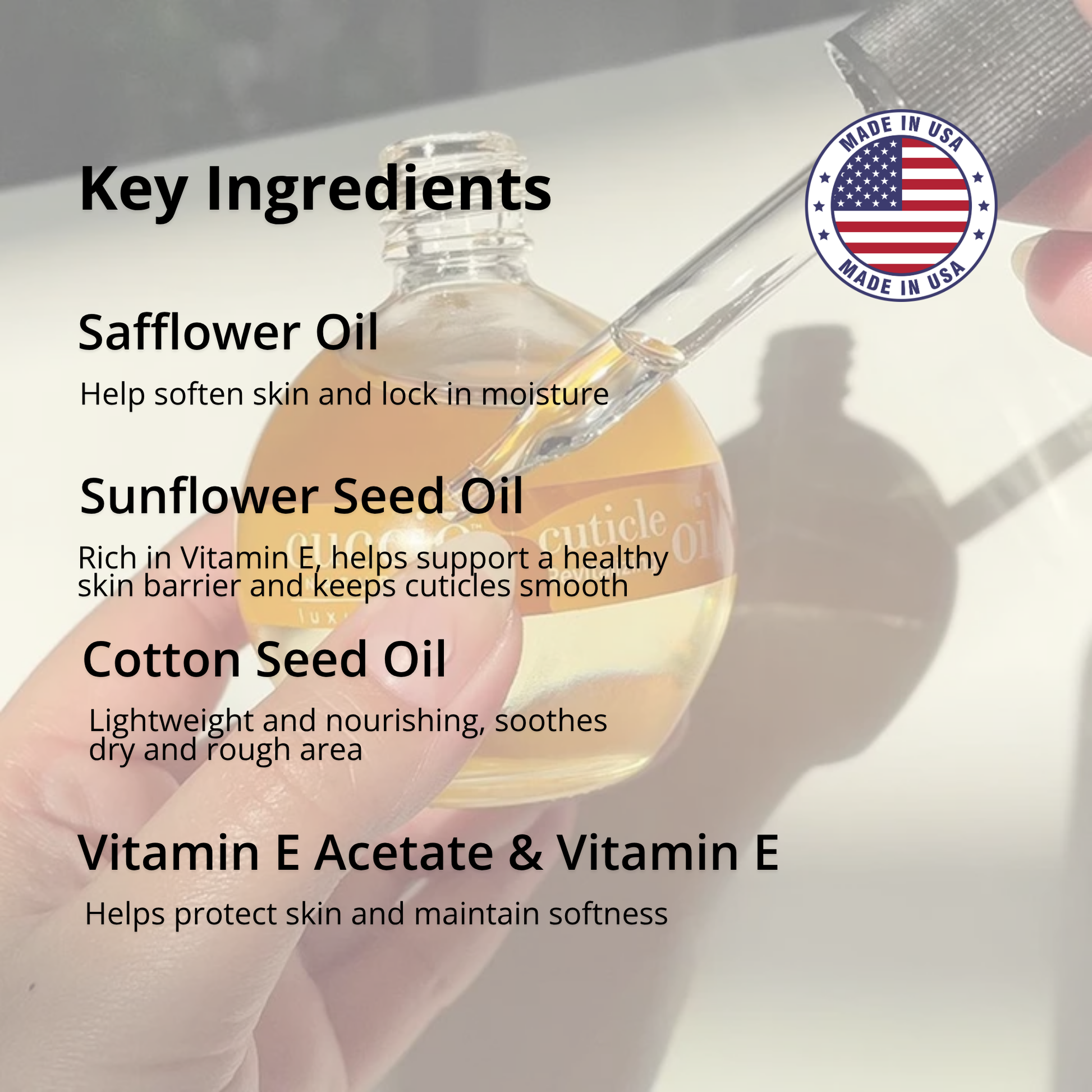 CUCCIO Cuticle Oil key ingredients image showing safflower oils and hydration benefits