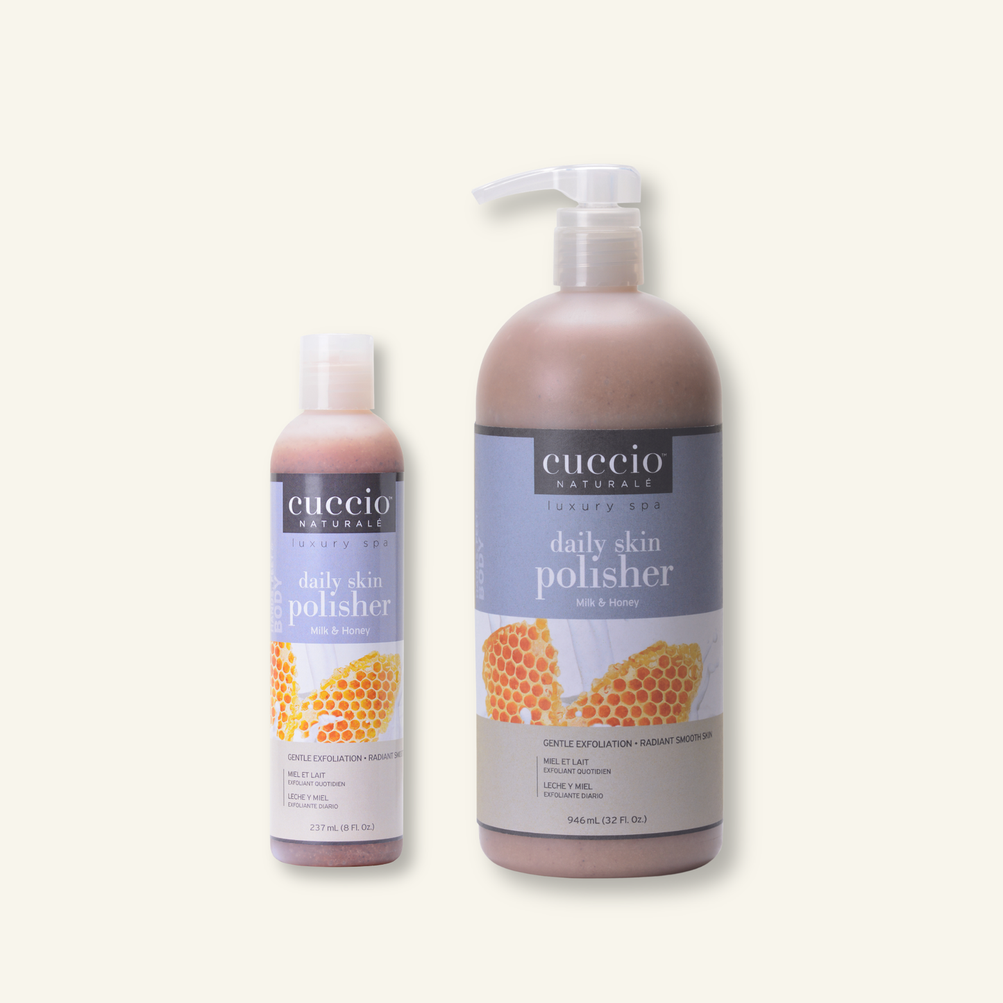 CUCCIO Daily Skin Polisher Milk and Honey micro exfoliant body scrub bottle front product image