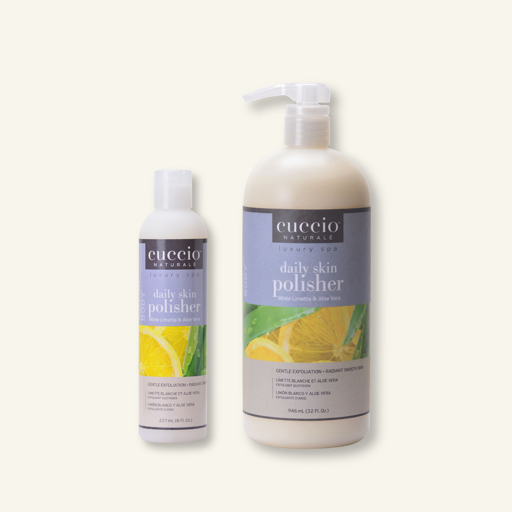 CUCCIO Daily Skin Polisher White Limetta and Aloe Vera micro exfoliant body scrub bottle front product image